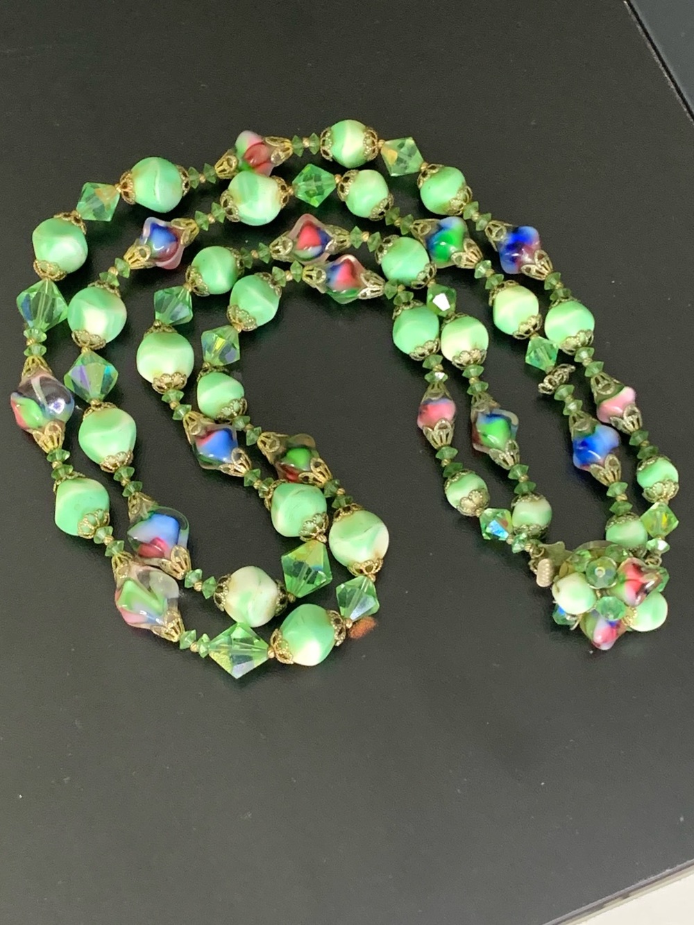 Vintage 1950s Czech Green Art Glass Double-Strand Bead Necklace